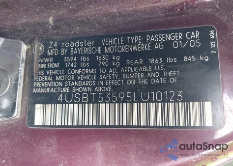 2005 BMW Z4 3.0 z USA, uszkodzony, nr VIN 4USBT53595LU10123